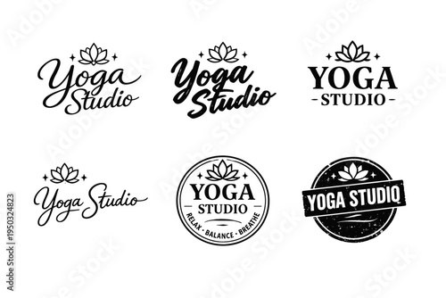 Six unique yoga studio logos featuring lotus designs in different styles
