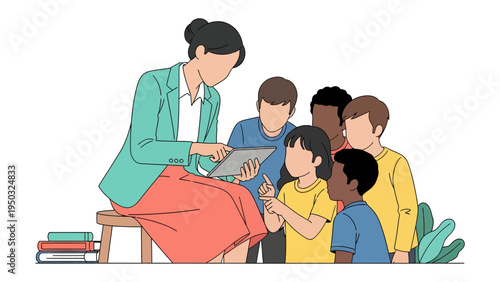 Guided Learning: A teacher engages with a group of diverse students, fostering curiosity and knowledge in an inclusive learning environment.