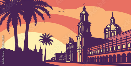 Lima sunset skyline vector featuring Plaza Mayor Cathedral and historic colonial architecture