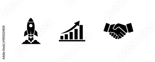 Startup Rocket Growth Chart and Business Handshake Icons
