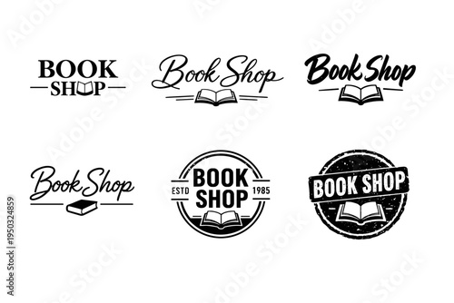 Collection of book shop logos with open book icons in various typography styles