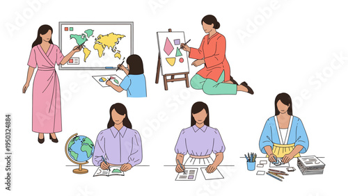 Education and Creativity: A collection of educational scenes showcasing women engrossed in various teaching and learning activities, including map studies, artistic endeavors, and globe explorations.