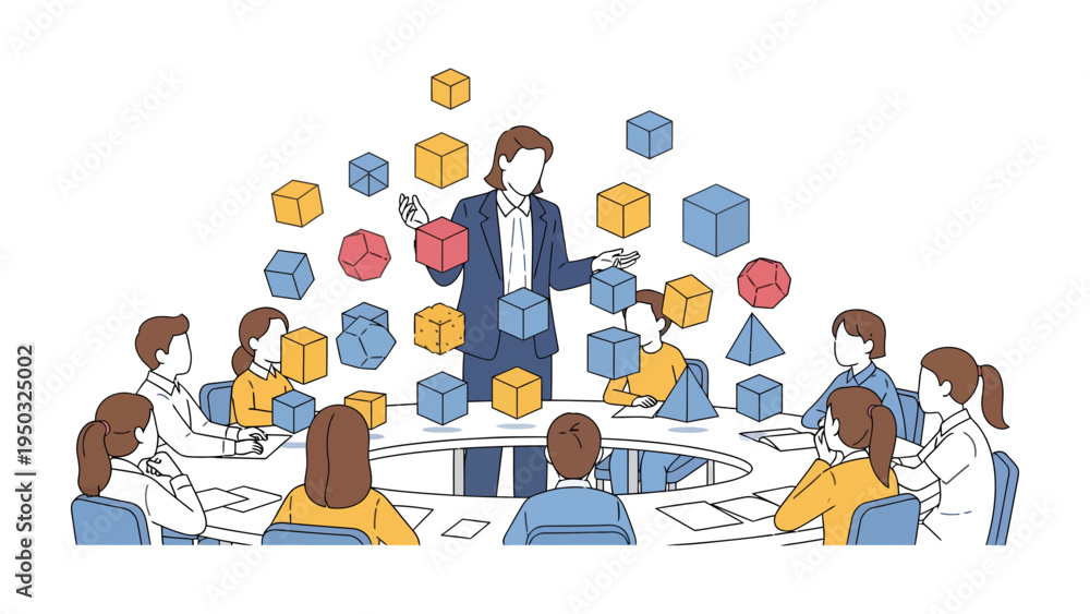 Αυτοκόλλητο Innovative Business Minds: A dynamic leader, at the heart of the table, orchestrates a symphony of ideas, with geometric shapes swirling above the group