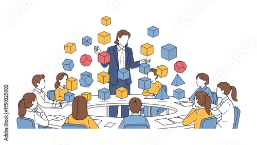 Innovative Business Minds: A dynamic leader, at the heart of the table, orchestrates a symphony of ideas, with geometric shapes swirling above the group.