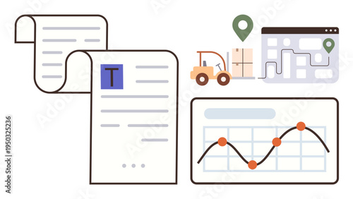 Logistics, supply chain, data analysis, transportation, inventory management, business strategy. Documents, graph trends forklift and delivery icons. Logistics and data analysis concept