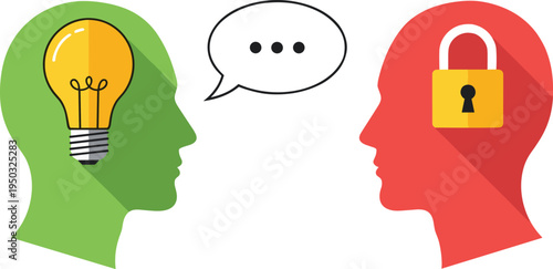 Two Silhouetted Heads Facing Each Other One With Lightbulb Idea Other With Padlock concept thinking