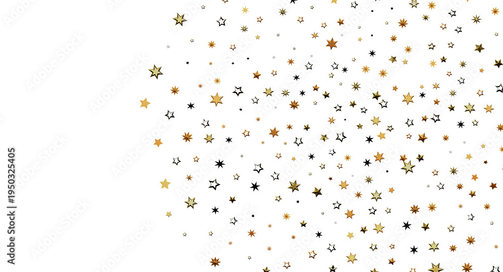 Fototapeta premium Elegant gold star confetti against a clean white backdrop, perfect for festive designs, celebrations, and conveying a se