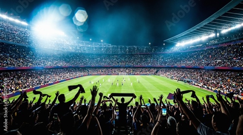 Excited Soccer Fans Cheering During a Night Football Match in a Crowded Stadium