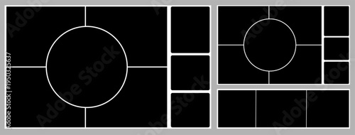 Grid template layout. Geometric shapes photo collage design. 4x3 bento moodboard background. Abstract poster montage board, Square circle box image gallery vector album. Rectangle banner slide page