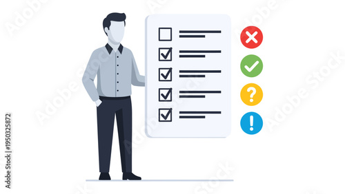 Checklist Decision: An individual presents a checklist with several check marks, accompanied by various symbols, signaling a range of choices and decisions.