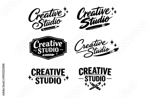 Creative studio logos with artistic pencil and brush elements