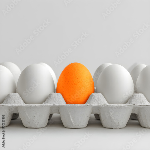 A row of eggs in a ceramic carton with one egg painted in a vibrant neon orange on a white background. - Image #2 @Ai content creator