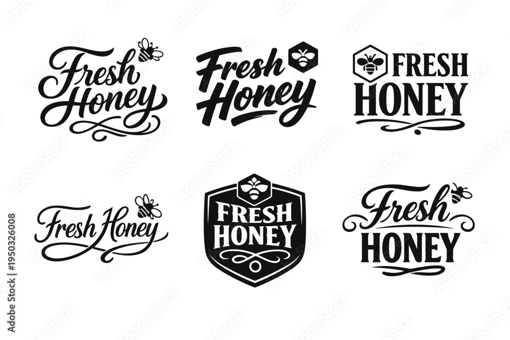 Fototapeta premium Various fresh honey logo designs featuring decorative typography and bee icons