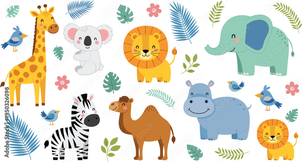 Naklejka premium Cute Cartoon Safari Animals with Tropical Leaves Jungle Vector Illustration Set