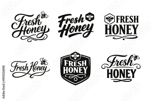 Various fresh honey logo designs featuring decorative typography and bee icons