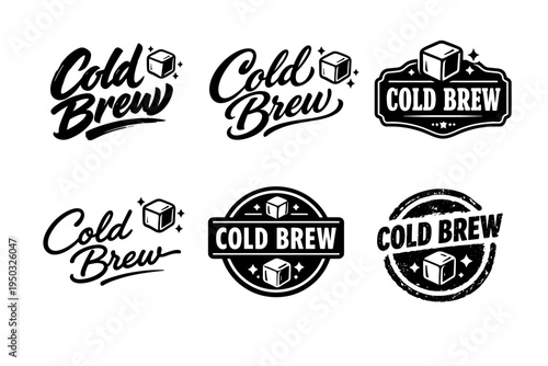 Vintage cold brew coffee logos with ice cube illustrations in black and white