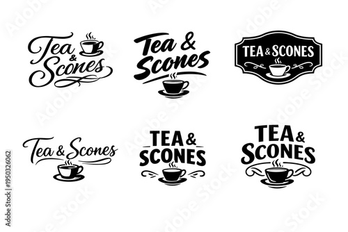 Vintage tea and scones logos with steaming cup icons in black and white