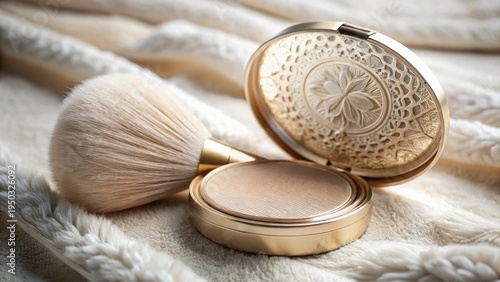 Wallpaper Mural Elegant gold compact powder and soft brush on plush textile Torontodigital.ca