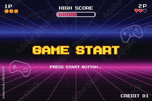 GAME START. pixel art 8-bit. retro game in vector illustrations. arcade gaming.