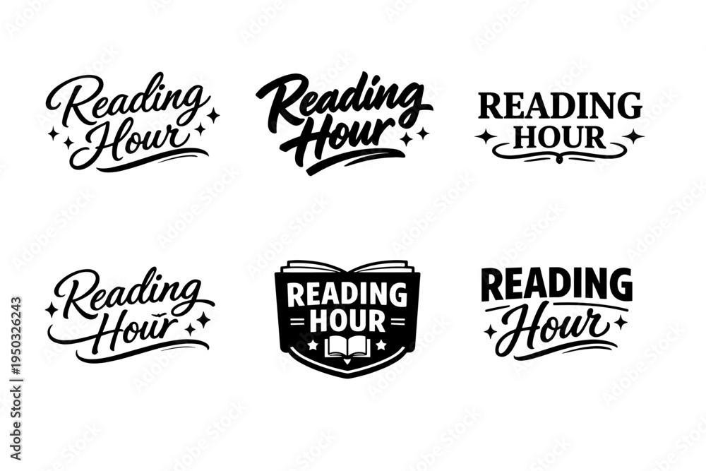 Obraz premium Reading hour logos with book and decorative typography
