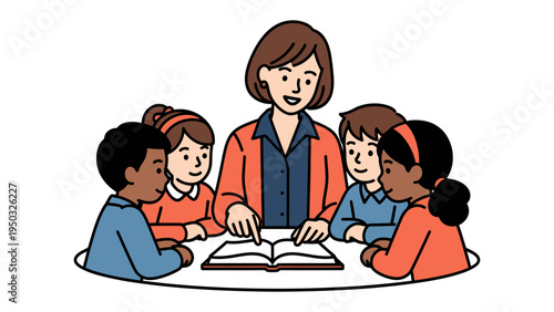 Teacher and Young Learners: A warm scene unfolds as a teacher guides a group of attentive students, gathered together with a shared book, fostering a love for learning.