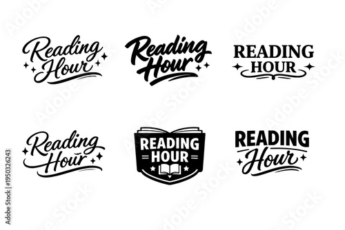 Reading hour logos with book and decorative typography