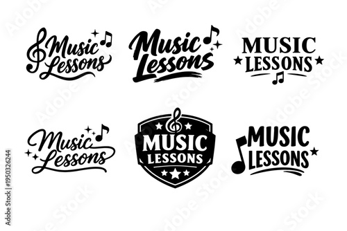 Music lessons logos collection with musical notes and treble clefs