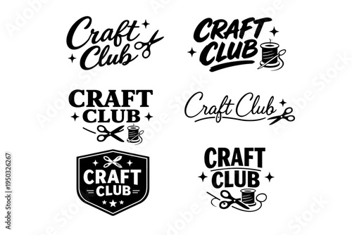 Craft club logos with scissors and thread elements in black and white design