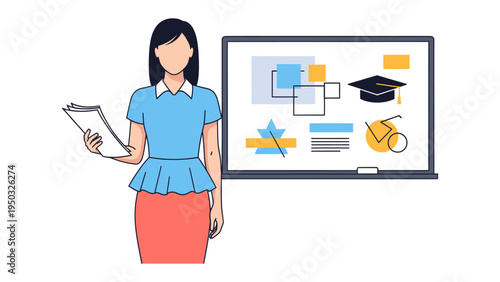 Education in the Spotlight: A determined educator stands confidently, holding notes and presenting concepts on a display board, embodying dedication to instruction and learning.