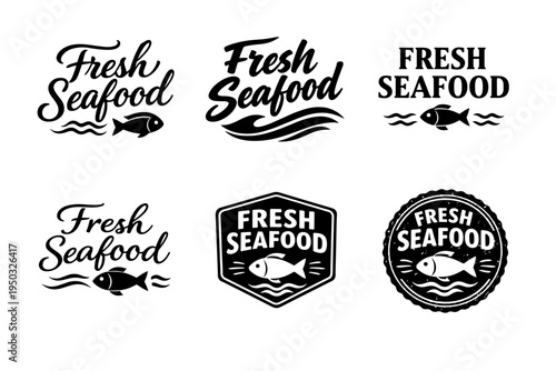 Fresh seafood logos collection with fish icons and waves