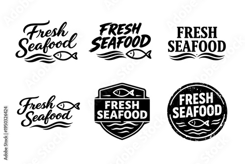 Collection of fresh seafood logos in various styles