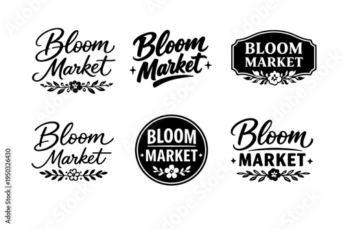 Vintage bloom market logo set with floral decorations and script typography