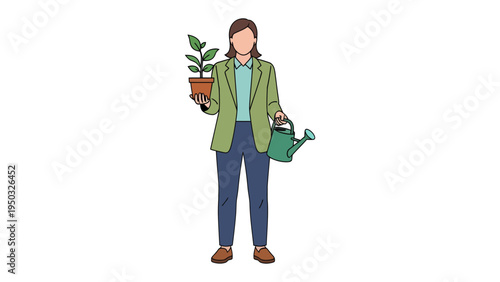 Nurturing Growth: An individual tendering a plant with a watering can in hand, epitomizing care for nature. 