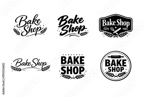 Vintage bake shop logo set with wheat and rolling pin design