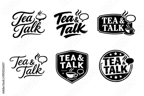 Tea talk logos collection with speech bubble and tea cup elements