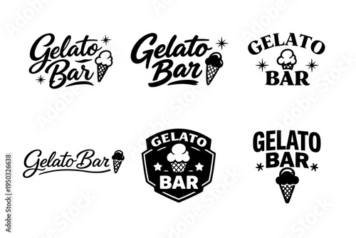 Variety of gelato bar logos featuring ice cream cones and text design variations