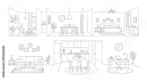 Collection of hand-drawn line art illustrations depicting various modern interior room designs and furniture layouts for apartment or house planning concepts.