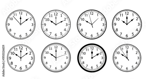 Collection of Analog Clocks Showing Different Times, Time Management Concept