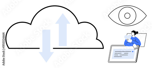 Cloud computing concept. Cloud computing with data upload and download, user interaction on digital device, and privacy by an eye. For technology, security, remote work, online storage, user data
