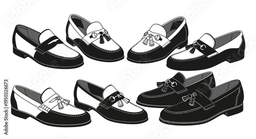 Collection of classic black and white leather loafers for men, variety of styles.