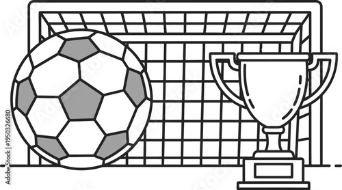 This clean line art illustration features a soccer ball in front of a goal net alongside a champion's trophy, representing victory and athletic success.
