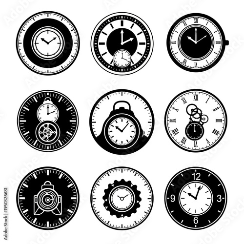 Collection of Vintage and Modern Clock Icons: Timekeeping, Retro, and Digital Designs