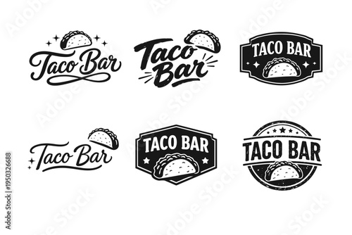 Variety of taco bar logos featuring stylized tacos and bold typography