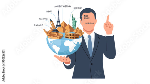 World in Hand: A visionary, smartly dressed individual holding a globe adorned with iconic landmarks, representing global exploration and knowledge of world history.