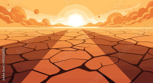 Desert Landscape with Cracked Earth and Distant Sun