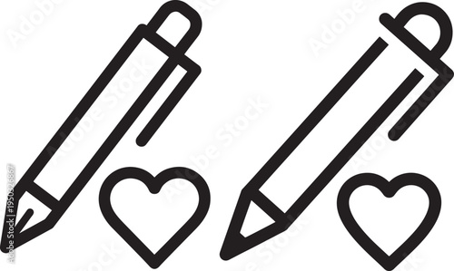 Pen and Heart Icons - Symbols for Love, Creativity, Romance, and Affection in Design, Flat Design, White Background