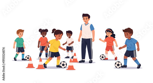 Diverse kids soccer team practicing drills with coach on field, cones and balls