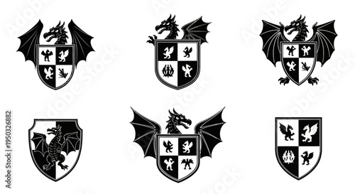 Dragon Crests Collection: Heraldic Shields with Mythical Creatures and Symbols