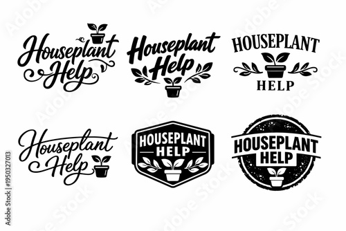 Set of six unique houseplant help logos with decorative plant icons