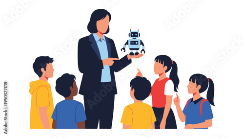 Robotics Instructor & Students: An educator holds a miniature robot, captivating a circle of curious students, fostering a blend of education and exploration.